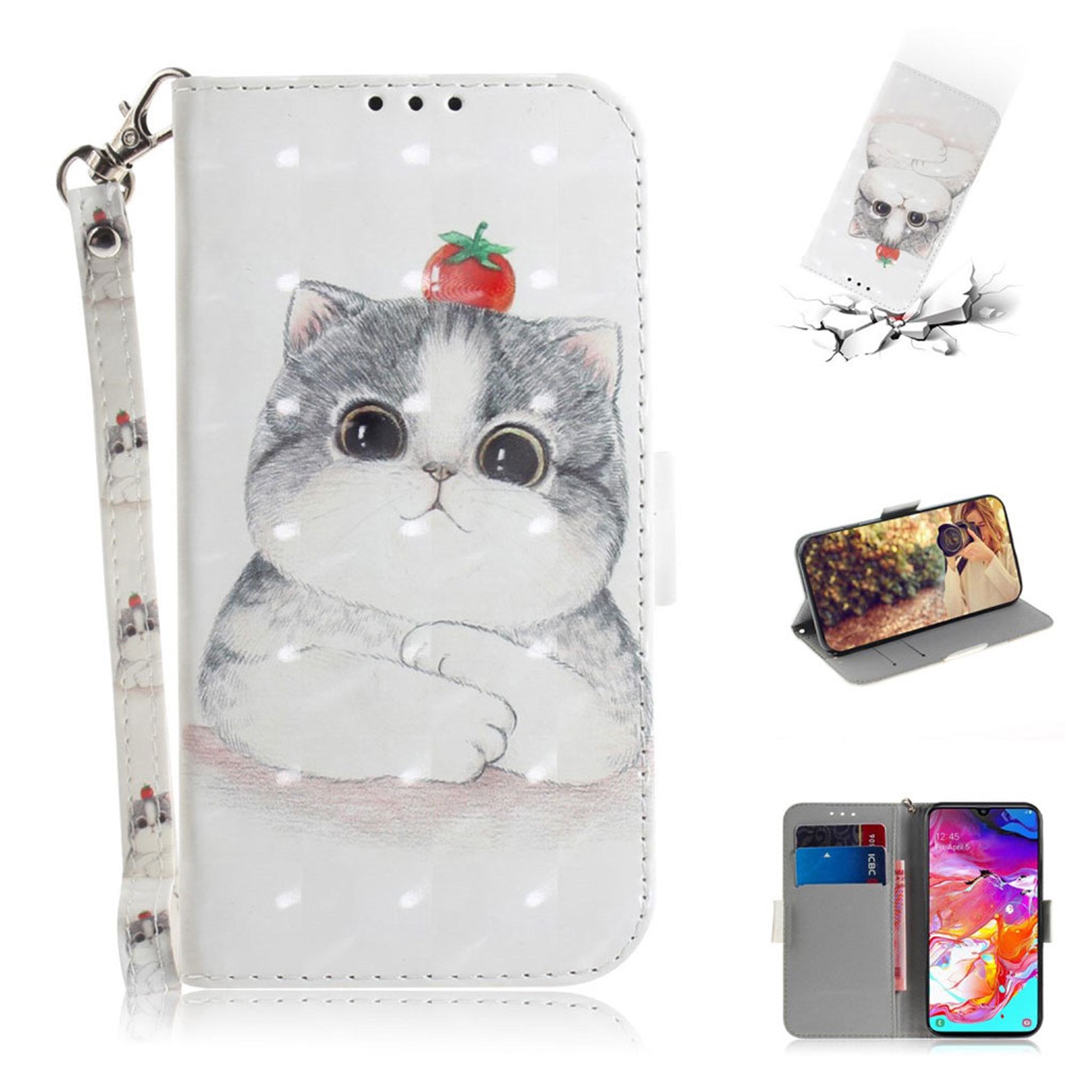 Samsung Galaxy A70 décor pattern leather case - Cat Holding a Tomato