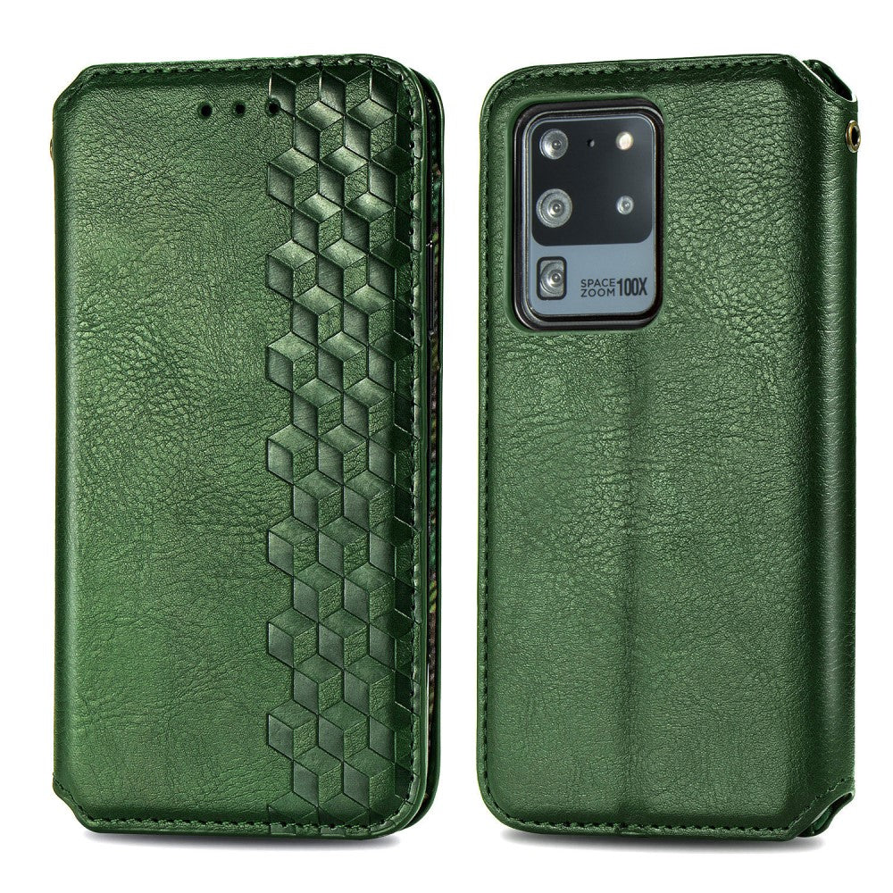 Leather case with a stylish rhombus imprint for Samsung Galaxy S20 Ultra - Green