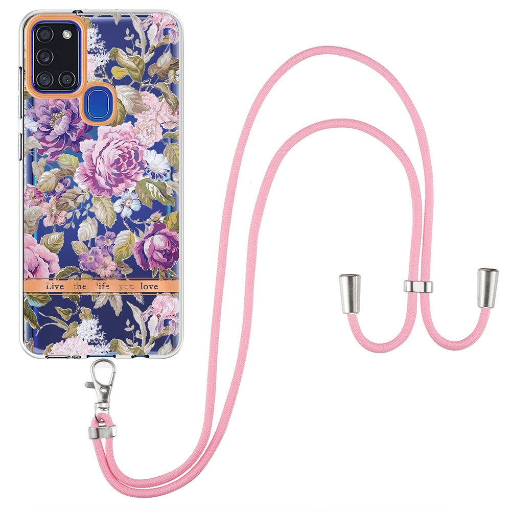 Slim and durable softcover with lanyard for Samsung Galaxy A21s - Purple Peony