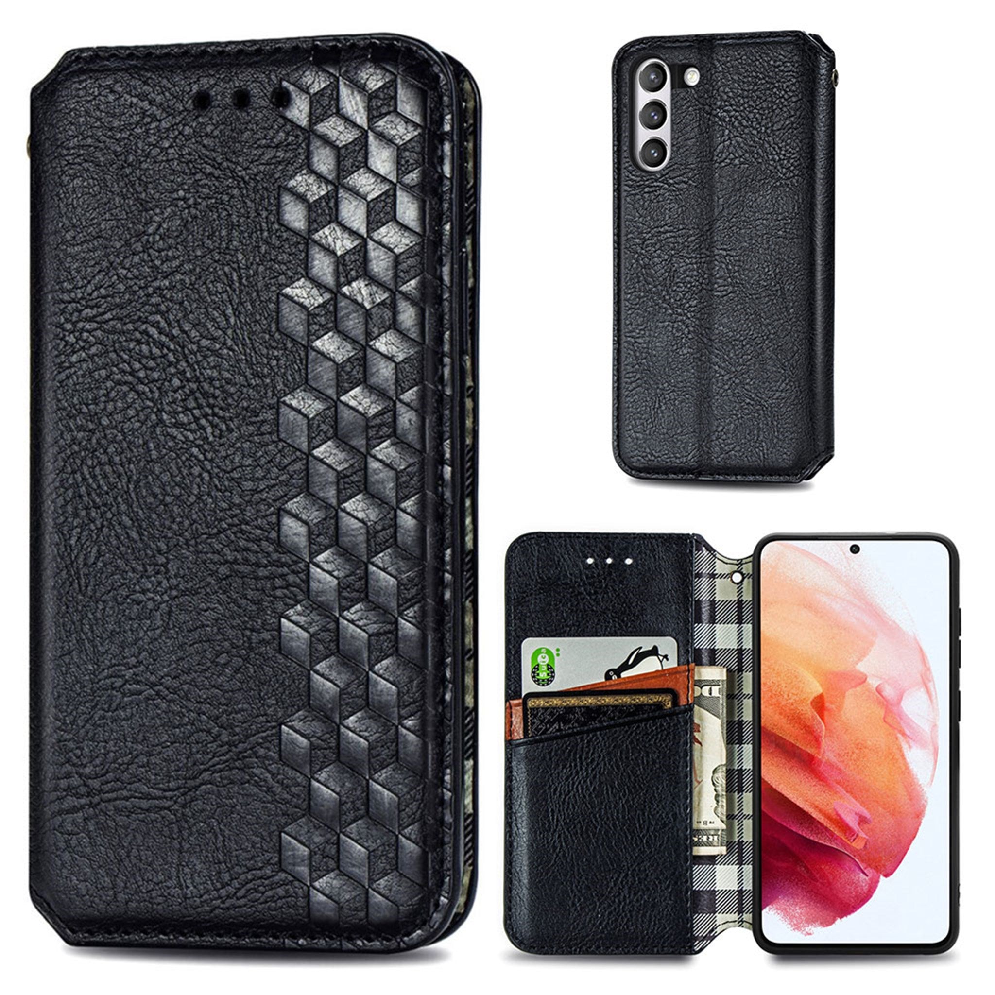 Leather case with a stylish rhombus imprint for Samsung Galaxy S21 FE - Black