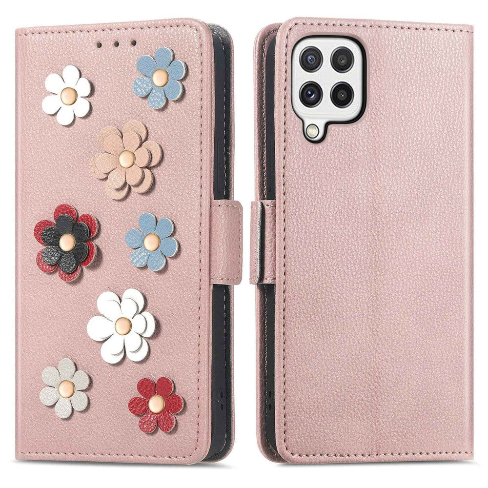 Soft flower decor leather case for Samsung Galaxy A12 5G - Rose Gold