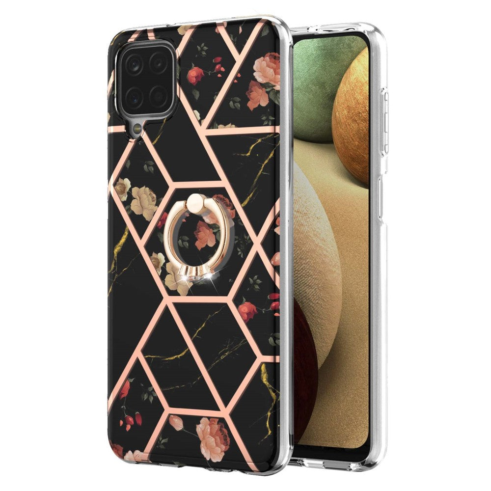 Marble patterned cover with ring holder for Samsung Galaxy M12 / F12 / A12 5G - Black Flowers