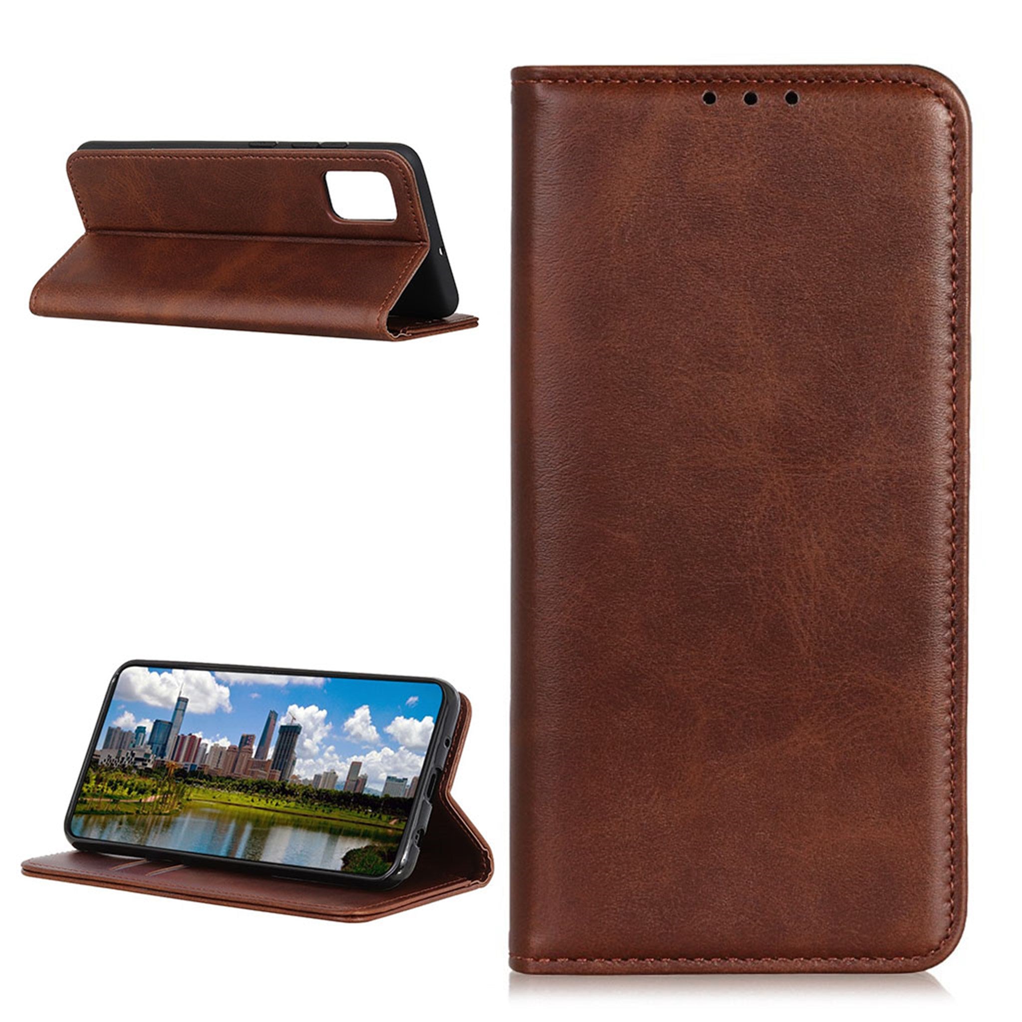 Wallet-style genuine leather flipcase for Samsung Galaxy A72 5G - Coffee