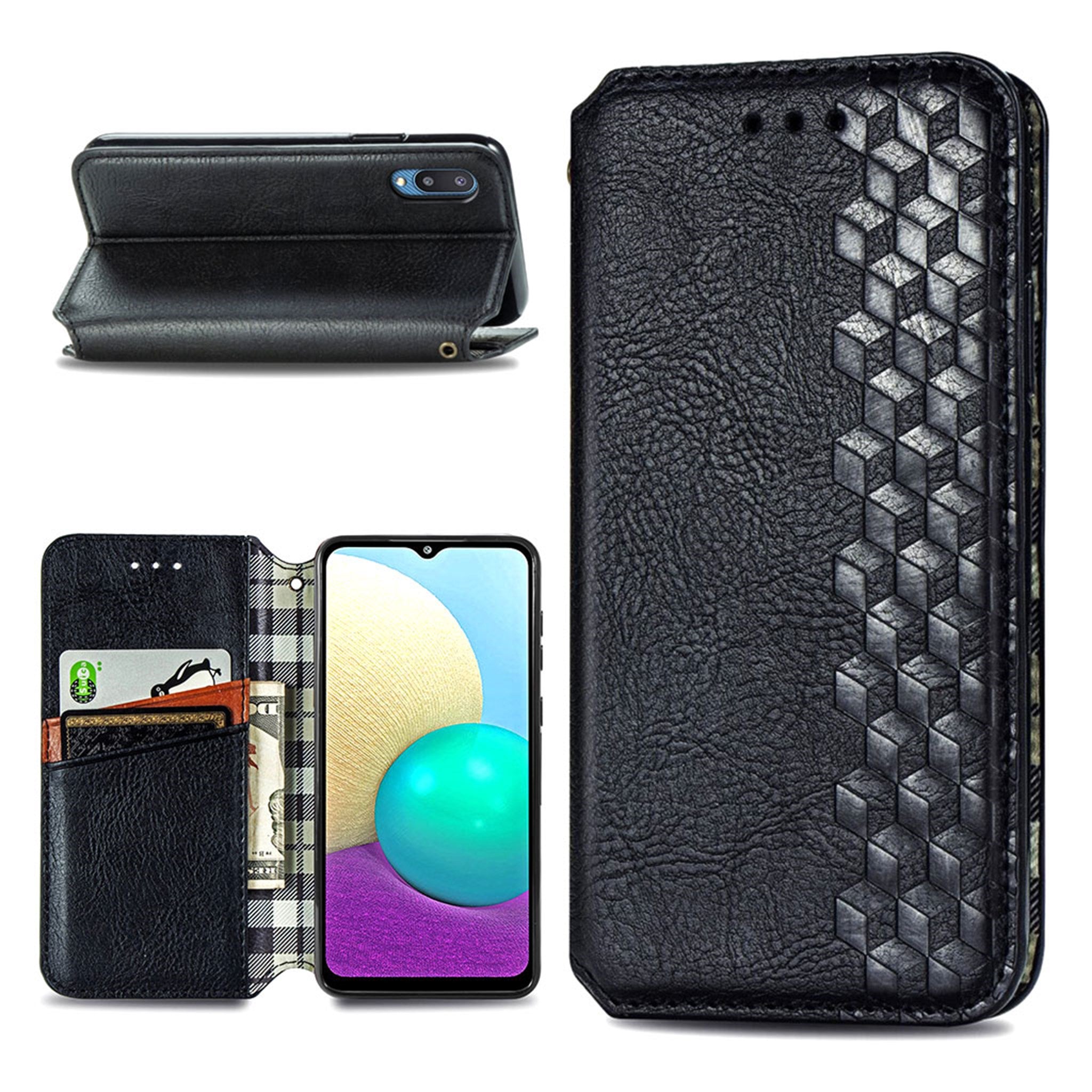 Leather case with a stylish rhombus imprint for Samsung Galaxy A02 - Black