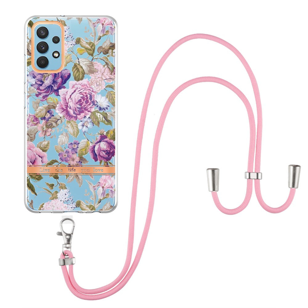 Slim and durable softcover with lanyard for Samsung Galaxy A32 - Purple Peony