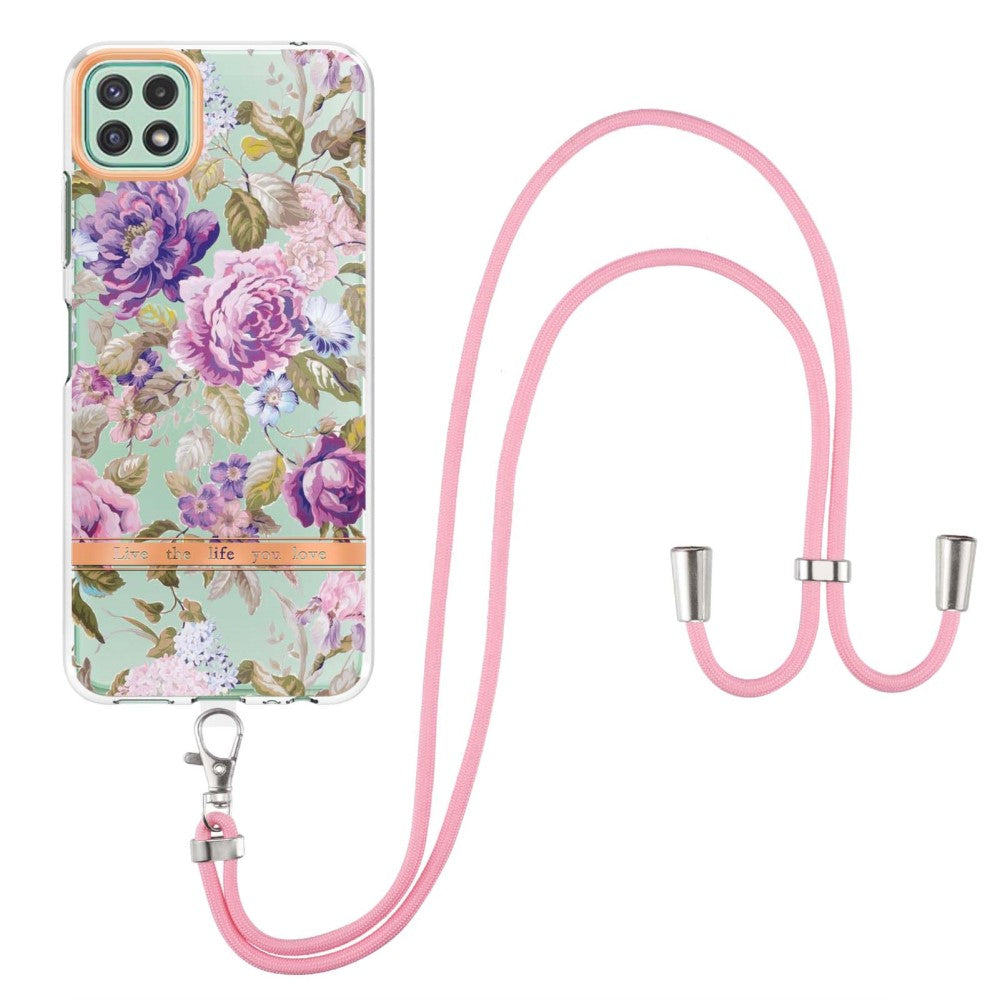 Slim and durable softcover with lanyard for Samsung Galaxy A22 5G - Purple Peony