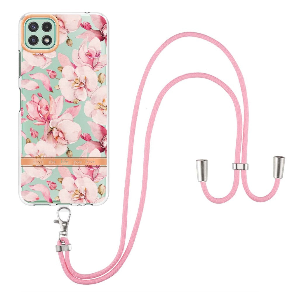 Slim and durable softcover with lanyard for Samsung Galaxy A22 5G - Pink Gardenia