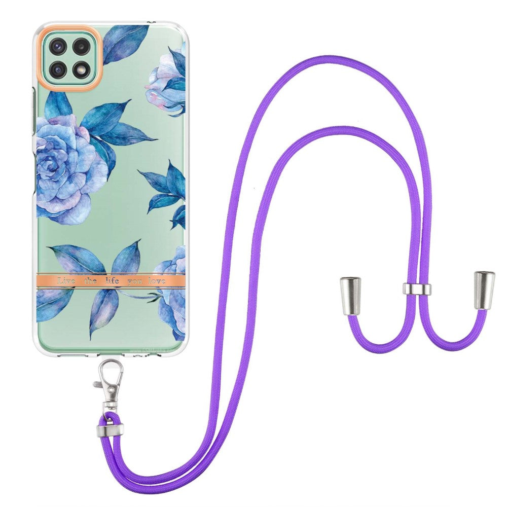 Slim and durable softcover with lanyard for Samsung Galaxy A22 5G - Blue Peony