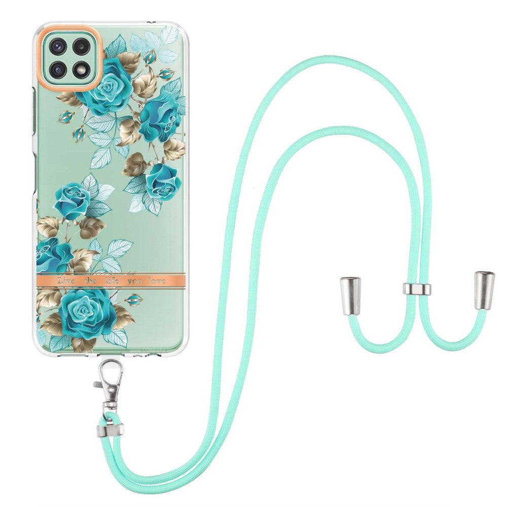 Slim and durable softcover with lanyard for Samsung Galaxy A22 5G - Blue Rose