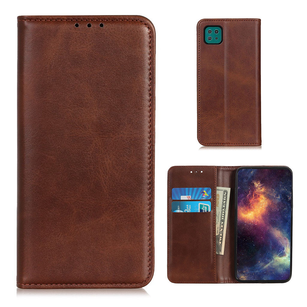 Wallet-style genuine leather flipcase for Samsung Galaxy A22 5G - Coffee