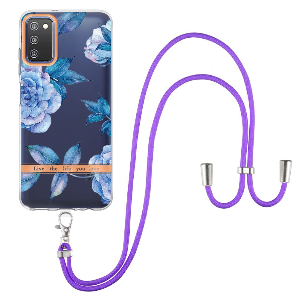 Slim and durable softcover with lanyard for Samsung Galaxy A03s - Blue Peony