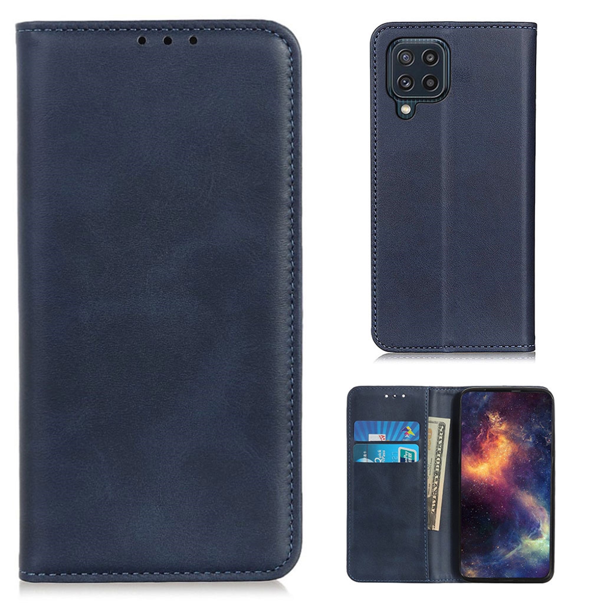 Wallet-style genuine leather flipcase for Samsung Galaxy M32 - Blue