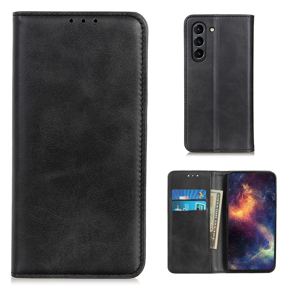 Wallet-style genuine leather flipcase for Samsung Galaxy S21 FE - Black