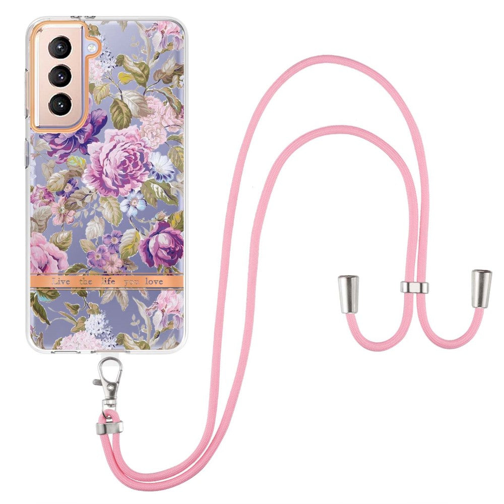 Slim and durable softcover with lanyard for Samsung Galaxy S21 Plus 5G - Purple Peony