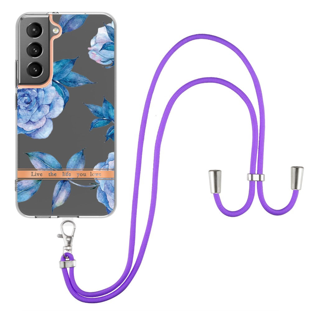 Slim and durable softcover with lanyard for Samsung Galaxy S22 Plus - Blue Peony