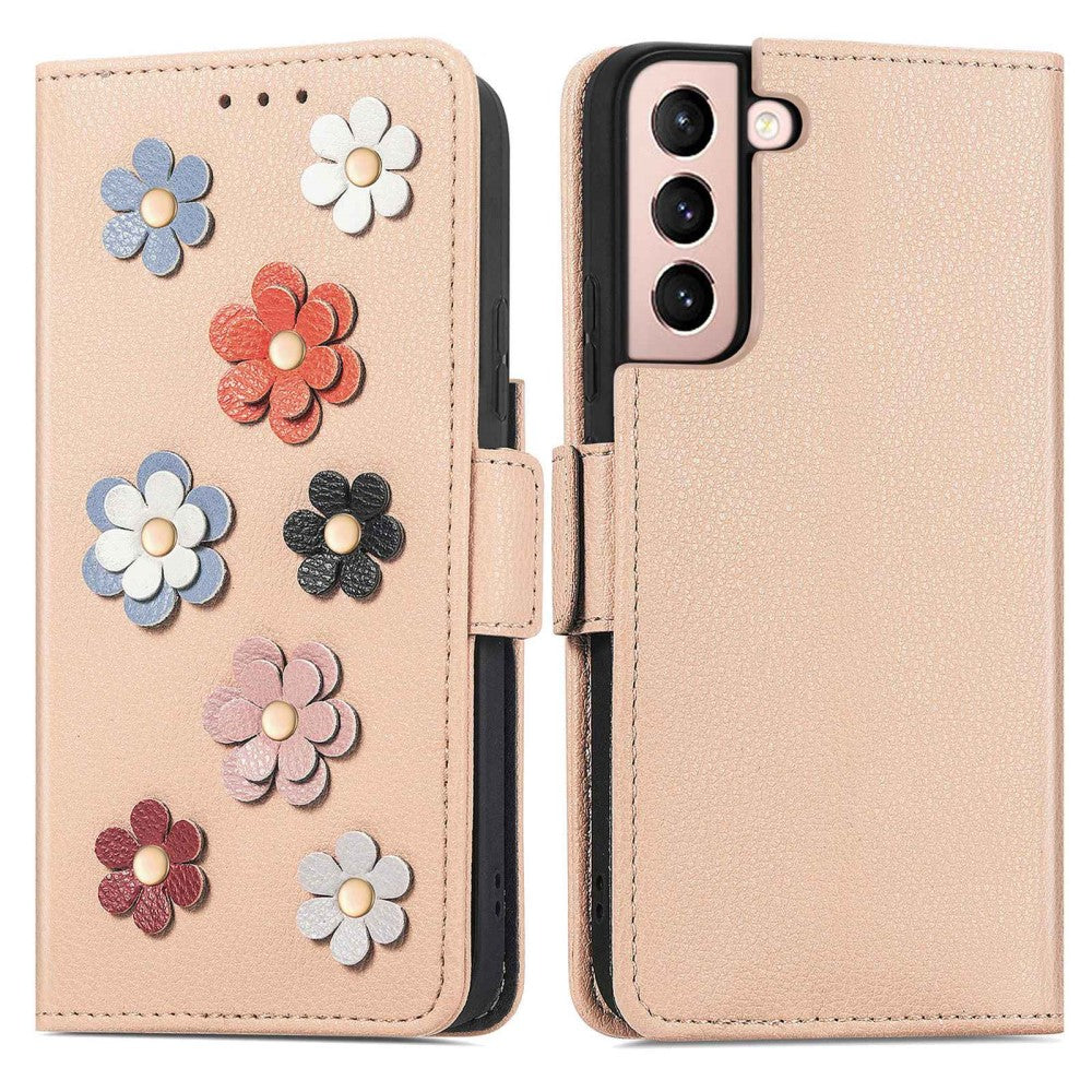 Soft flower decor leather case for Samsung Galaxy S22 Plus - Khaki