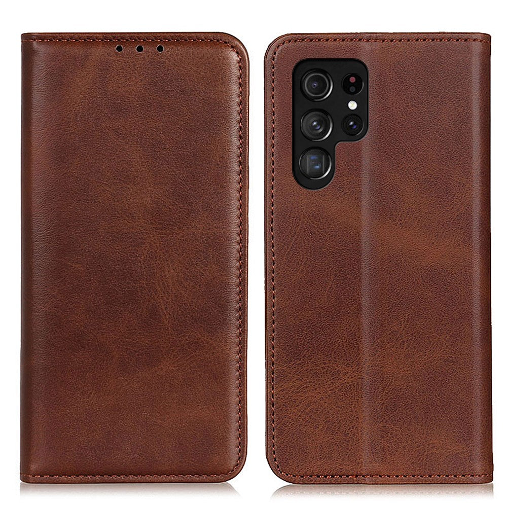 Wallet-style genuine leather flipcase for Samsung Galaxy S22 Ultra - Coffee