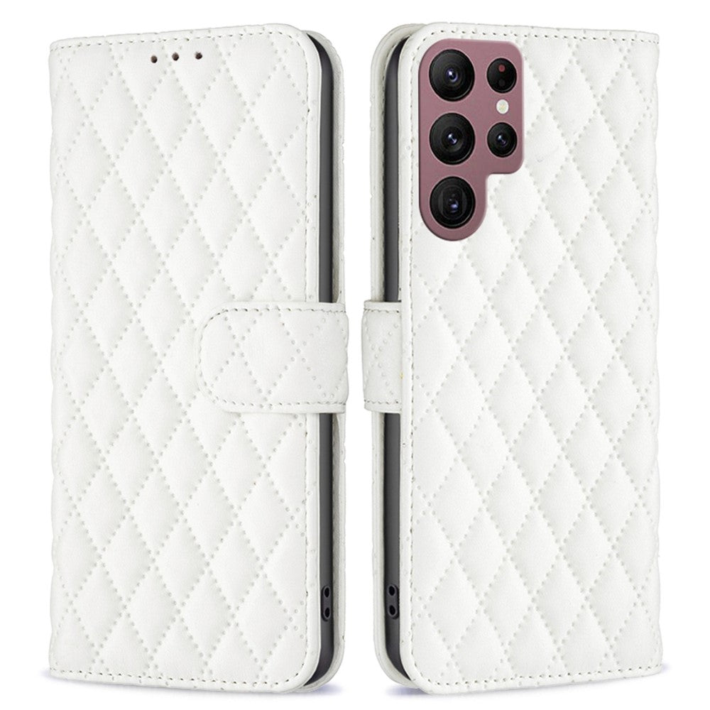 Rhombus pattern matte flip case for Samsung Galaxy S22 Ultra - White