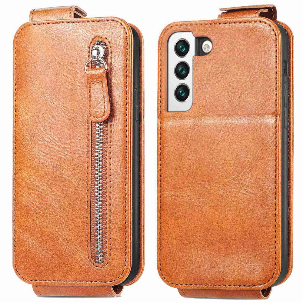 Vertical flip phone case with zipper for Samsung Galaxy S22 - Brown