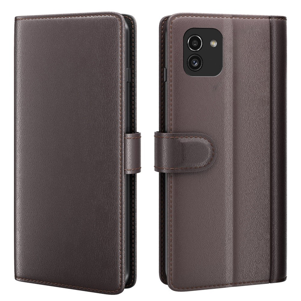 Genuine leather case with credit card slots for Samsung Galaxy A03 Core - Brown