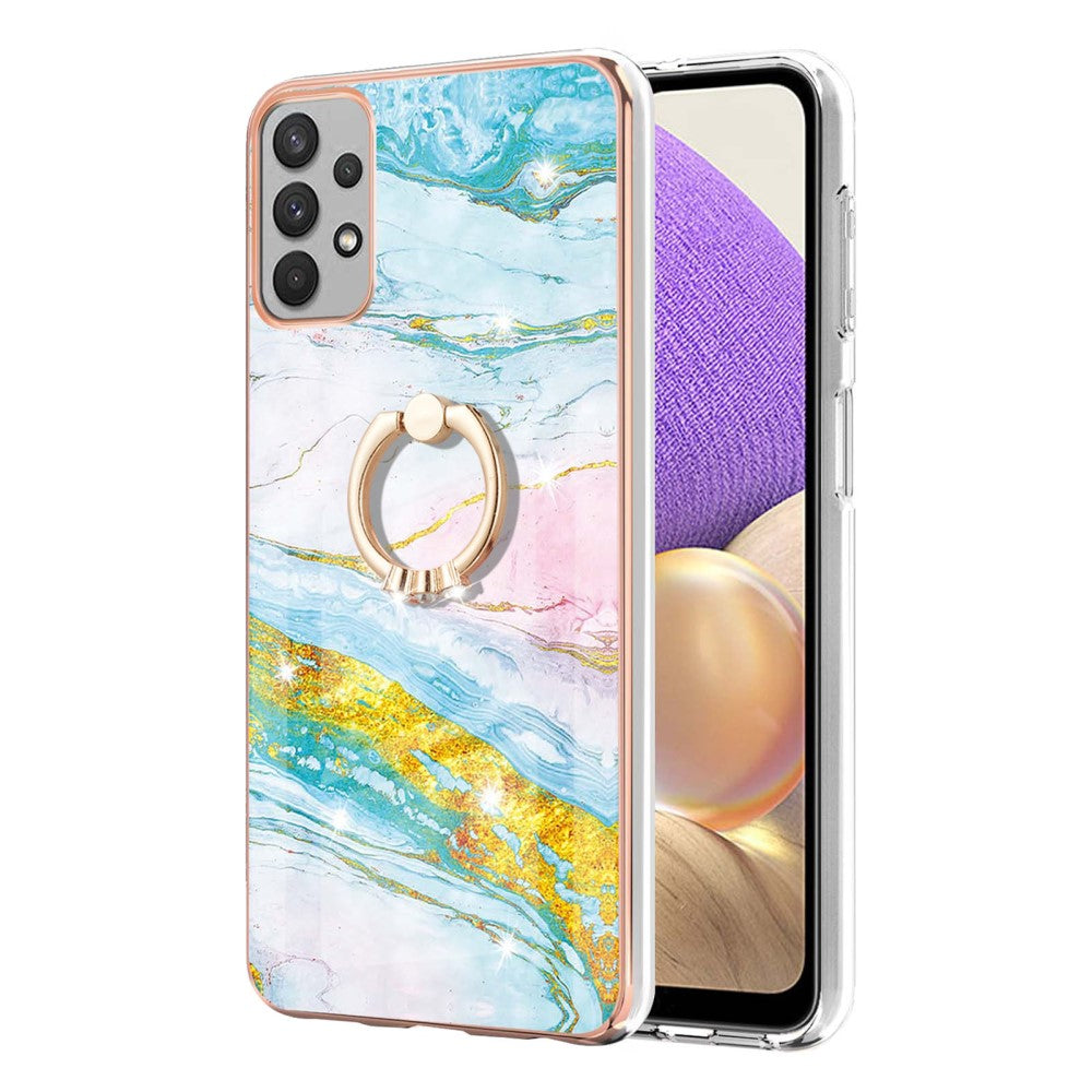 Marble patterned cover with ring holder for Samsung Galaxy A73 - Green and Yellow Marble Haze