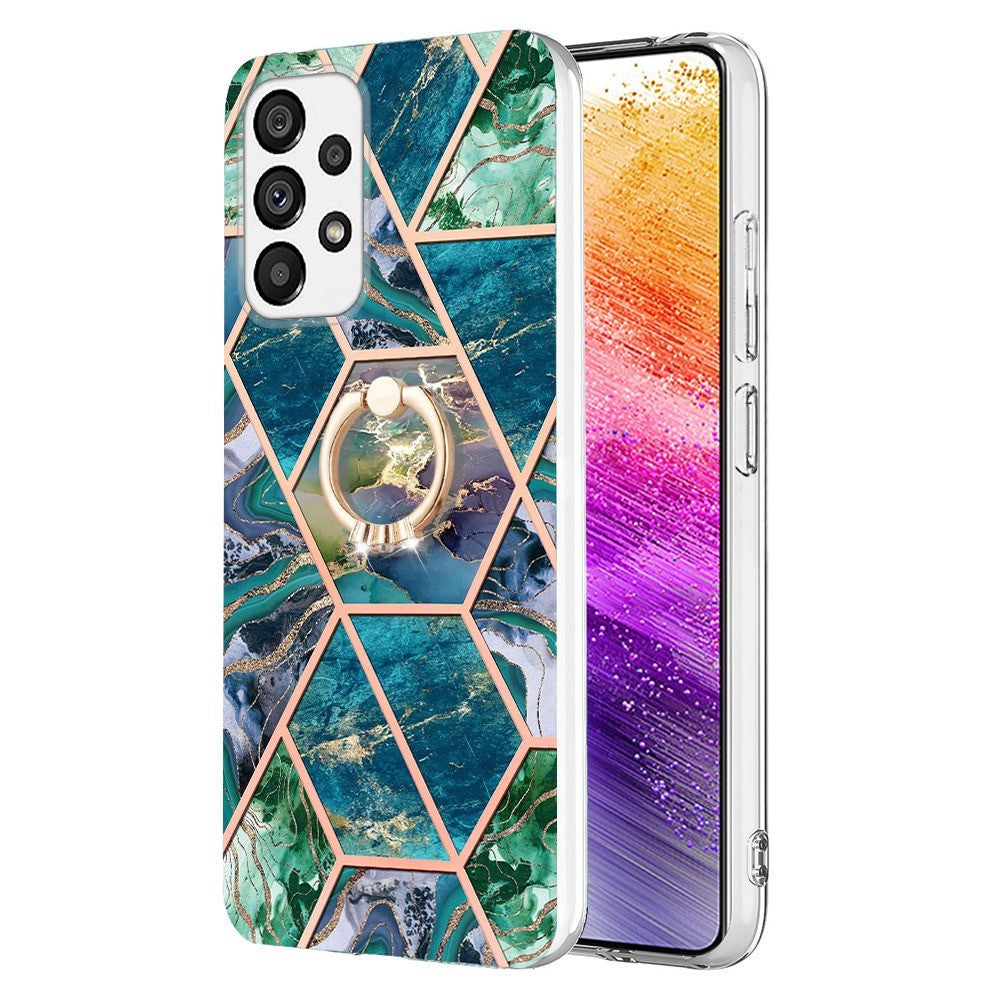 Marble patterned cover with ring holder for Samsung Galaxy A73 - Blue / Green