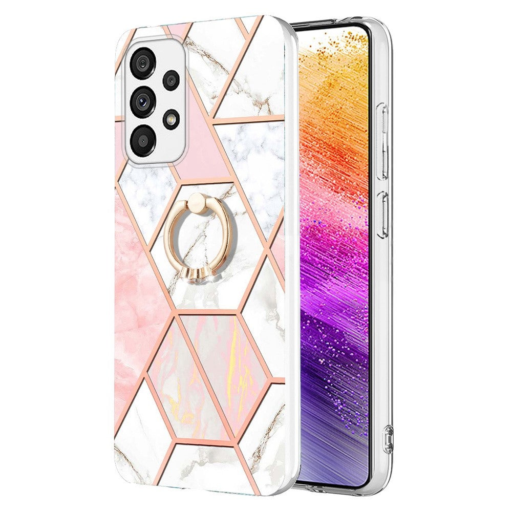Marble patterned cover with ring holder for Samsung Galaxy A73 - Pink / White