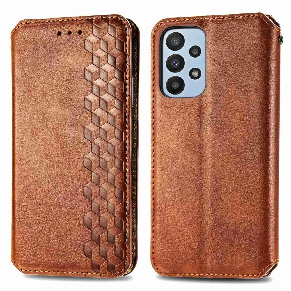 Leather case with a stylish rhombus imprint for Samsung Galaxy A23 - Brown