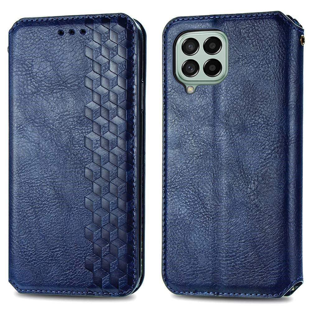 Leather case with a stylish rhombus imprint for Samsung Galaxy M53 5G - Blue