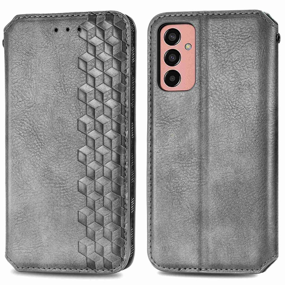 Leather case with a stylish rhombus imprint for Samsung Galaxy M13 4G - Grey