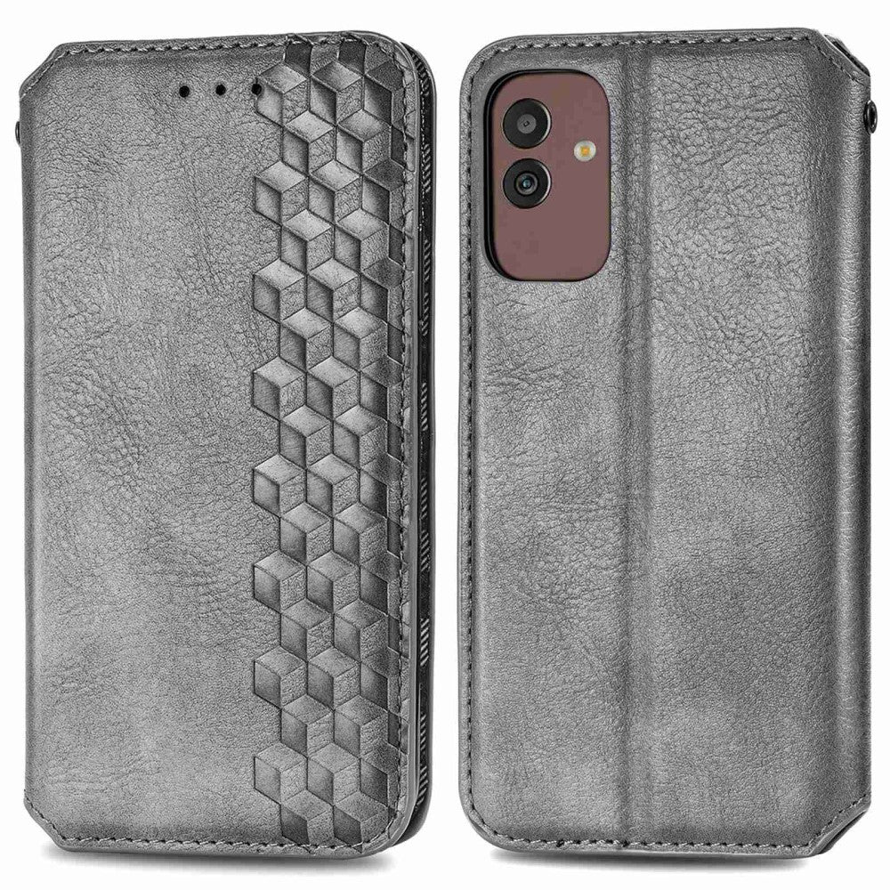 Leather case with a stylish rhombus imprint for Samsung Galaxy M13 5G - Grey