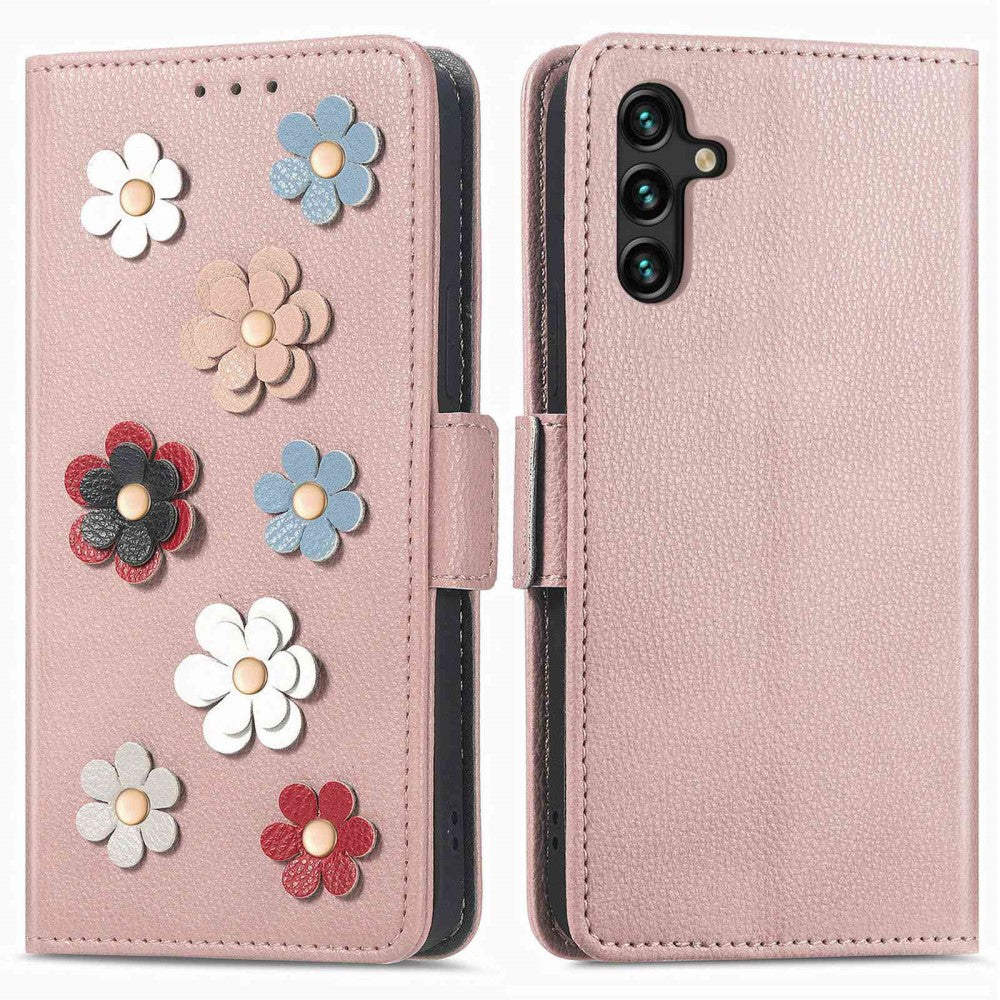 Soft flower decor leather case for Samsung Galaxy A04s / A13 5G - Rose Gold