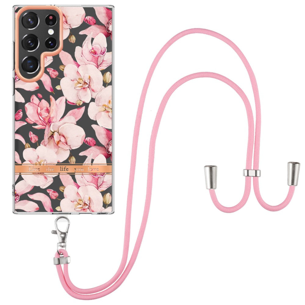 Slim and durable softcover with lanyard for Samsung Galaxy S23 Ultra - HC005 Pink Gardenia