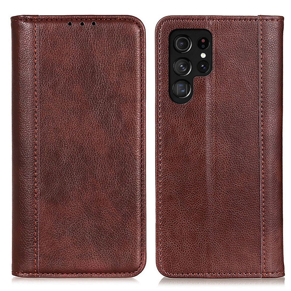 Genuine leather case with magnetic closure for Samsung Galaxy S23 Ultra - Brown