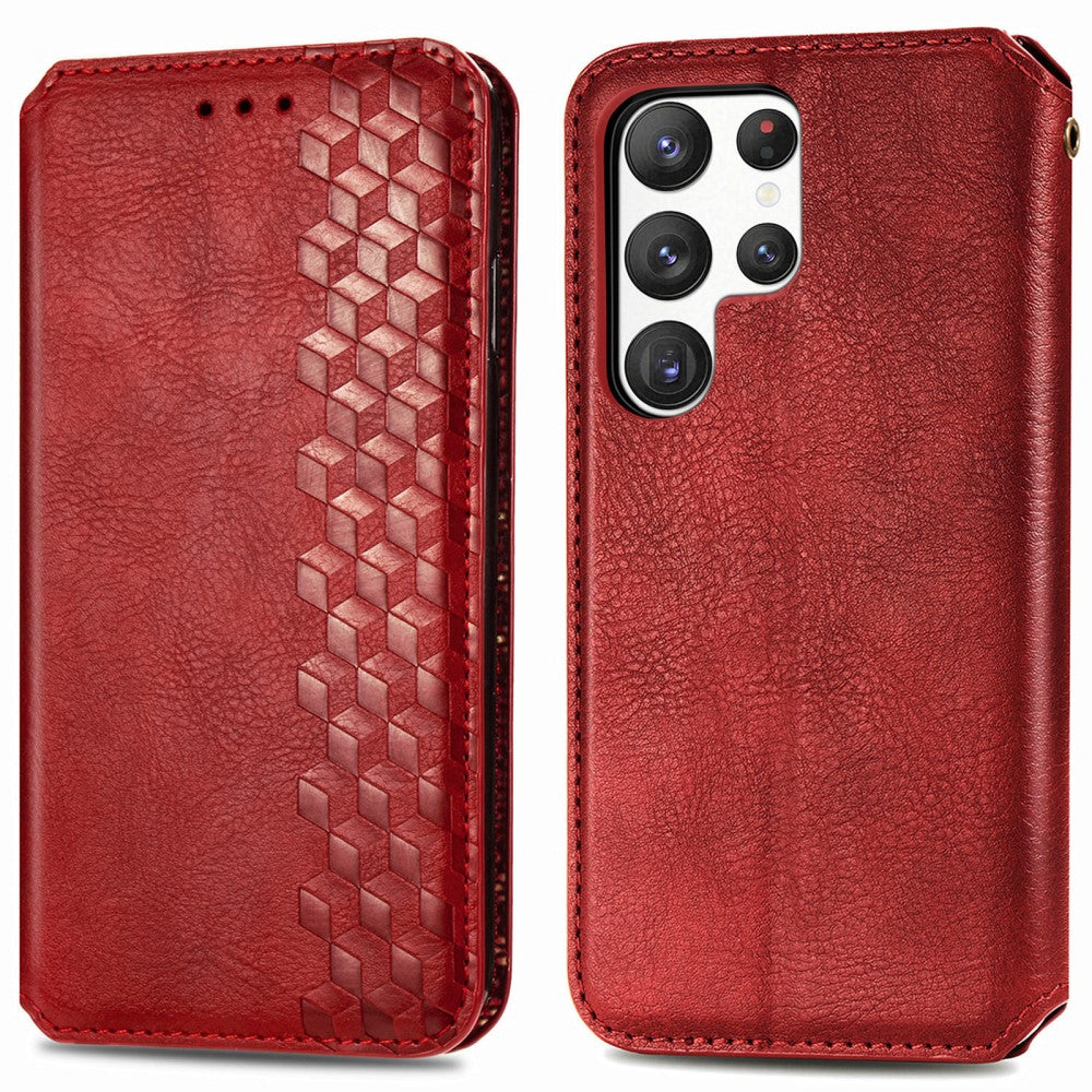 Leather case with a stylish rhombus imprint for Samsung Galaxy S23 Ultra - Red