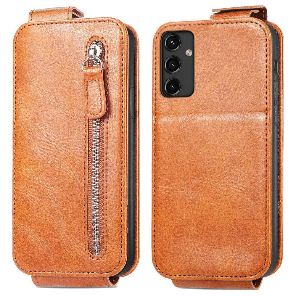 Vertical flip phone case with zipper for Samsung Galaxy A14 - Brown