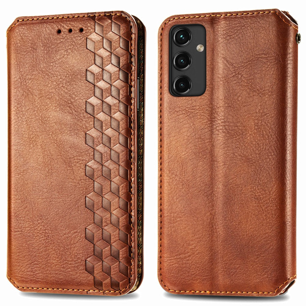 Leather case with a stylish rhombus imprint for Samsung Galaxy A14 - Brown