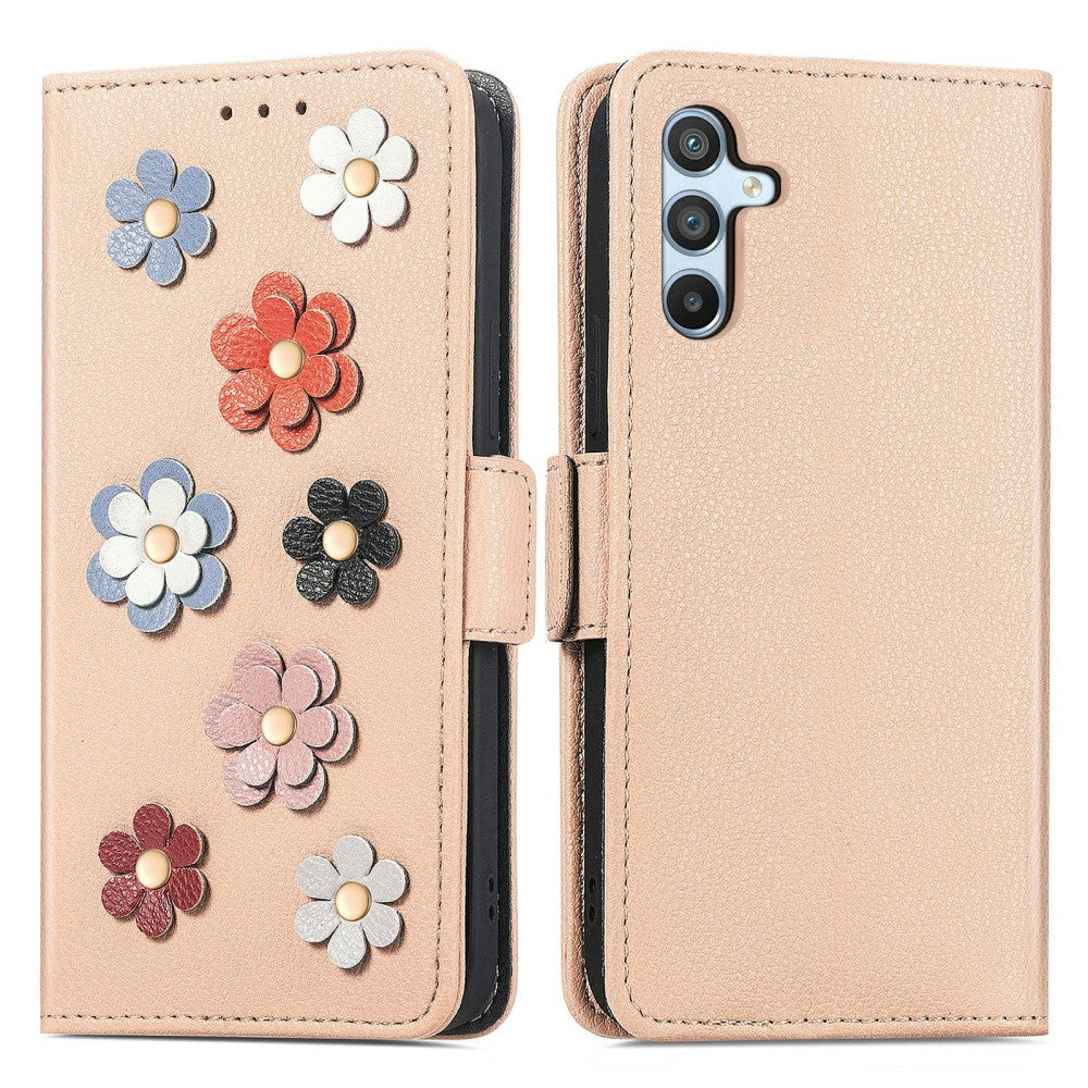 Soft flower decor leather case for Samsung Galaxy A54 - Khaki