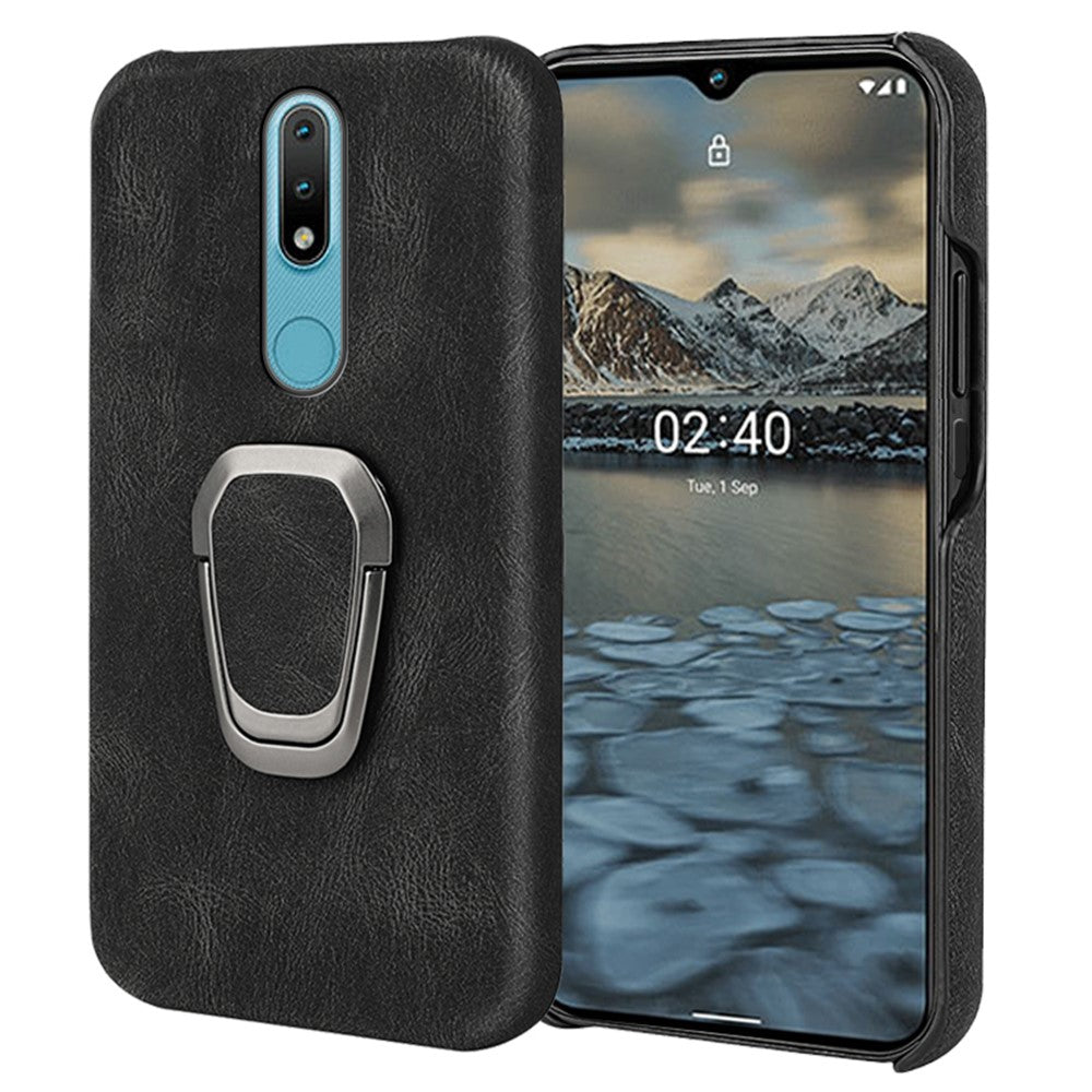 Shockproof leather cover with oval kickstand for Nokia 2.4 - Black