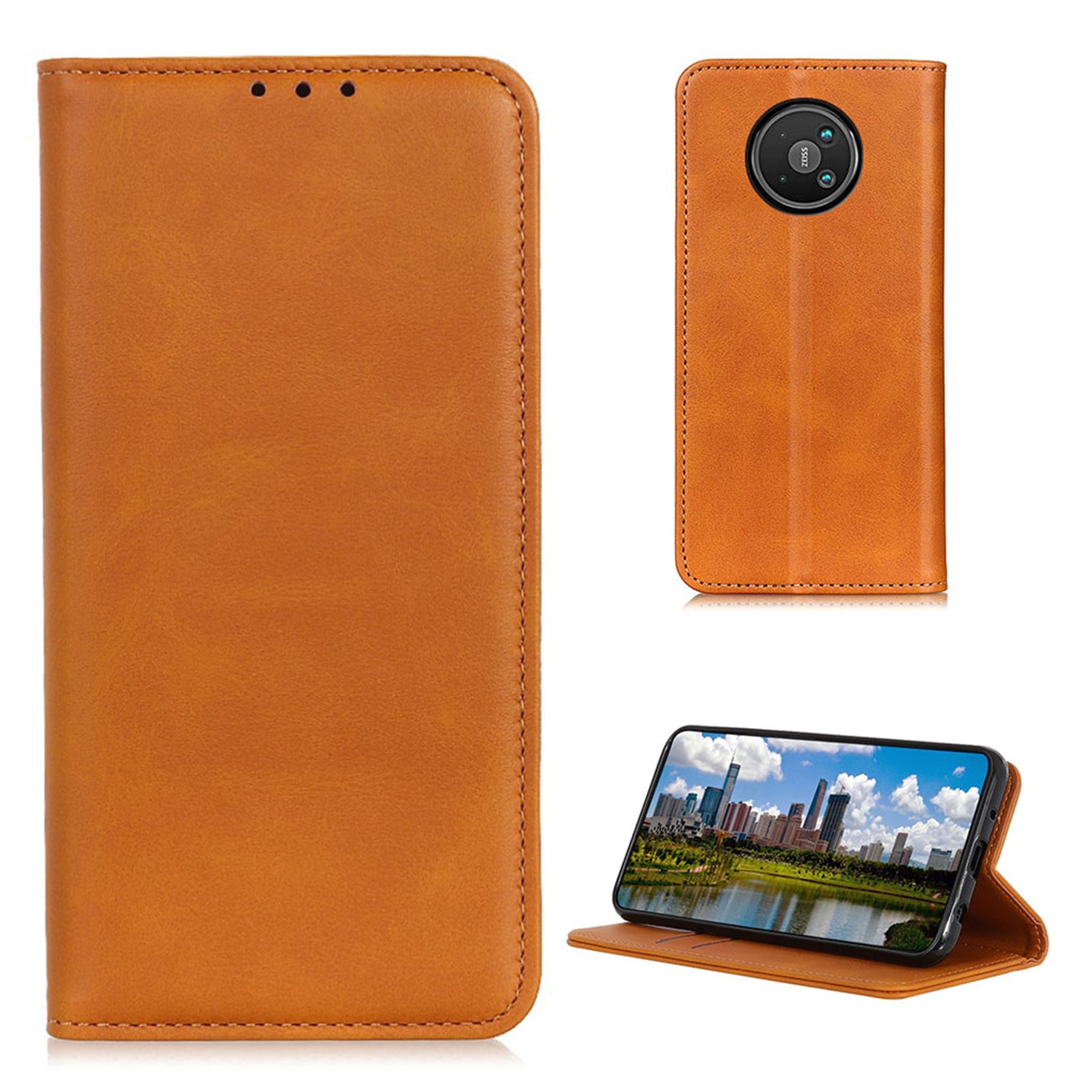 Wallet-style genuine leather flipcase for Nokia 8 V 5G - Brown