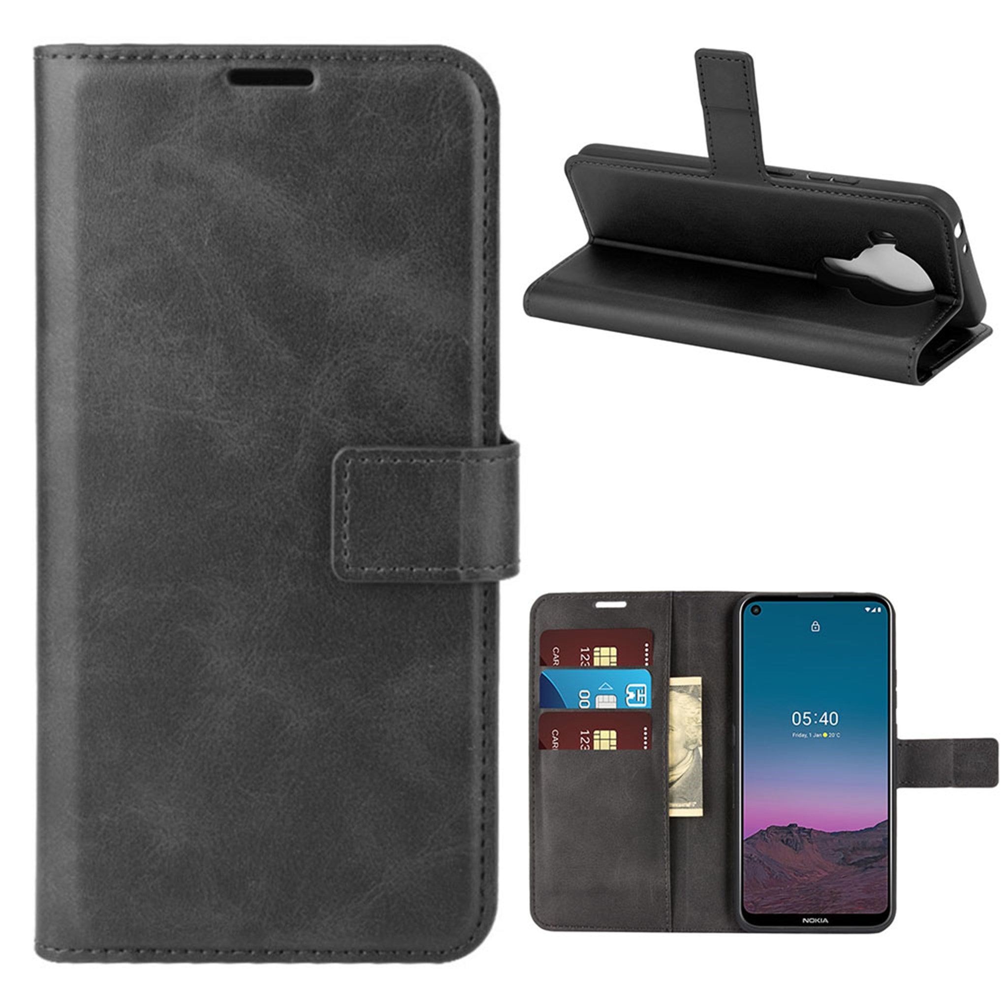 Wallet-style leather case for Nokia 5.4 - Black
