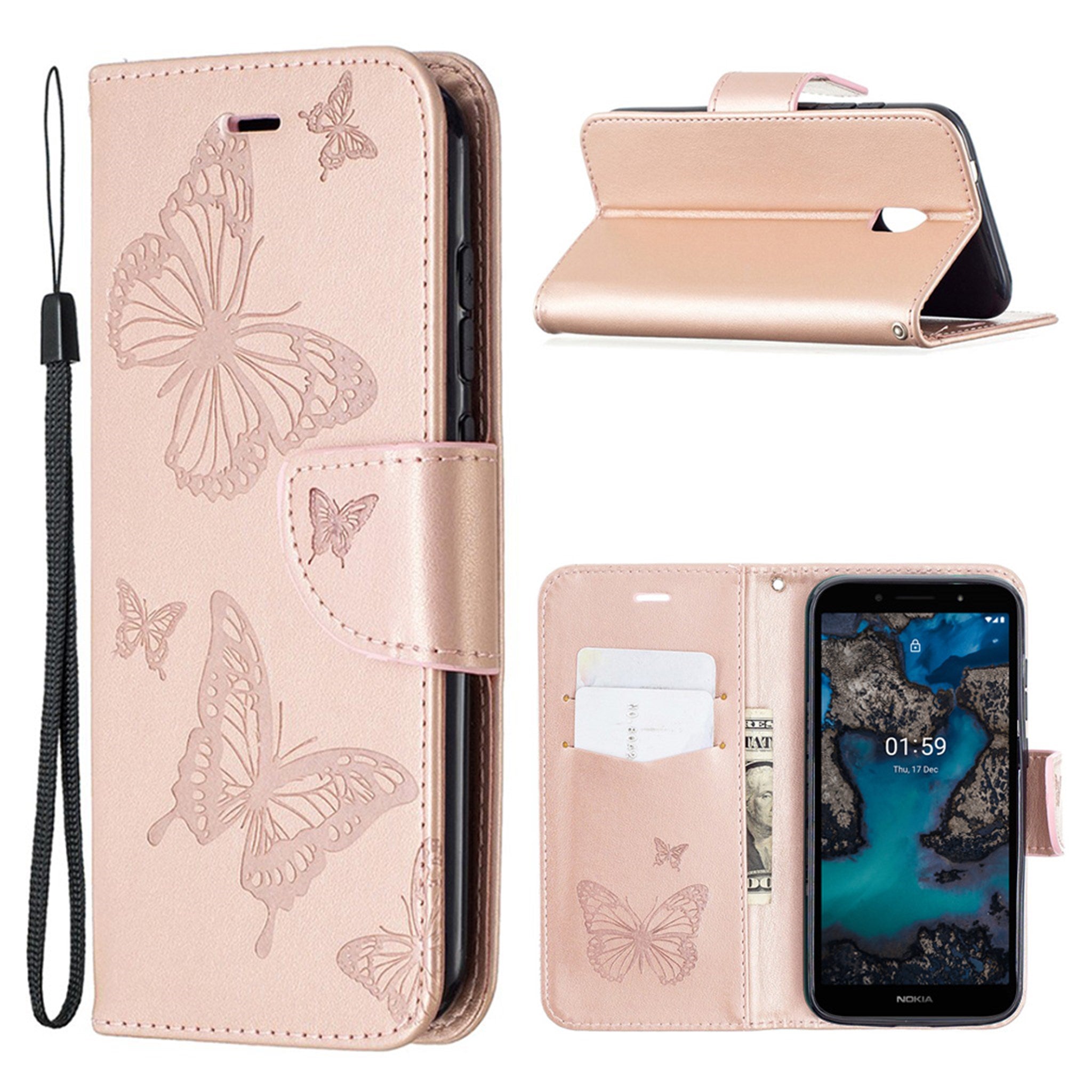 Butterfly Nokia C1 Plus flip case - Rose Gold