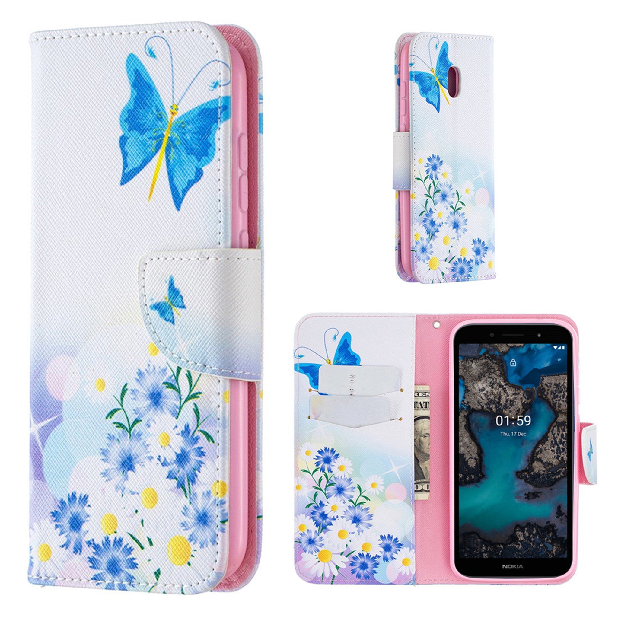 Wonderland Nokia C1 Plus flip case - Butterfly and Flower