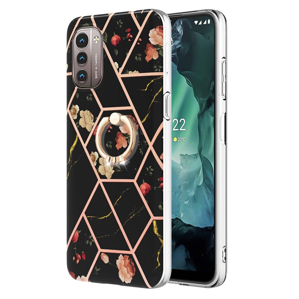 Marble patterned cover with ring holder for Nokia G11 / G21 - Black Flowers