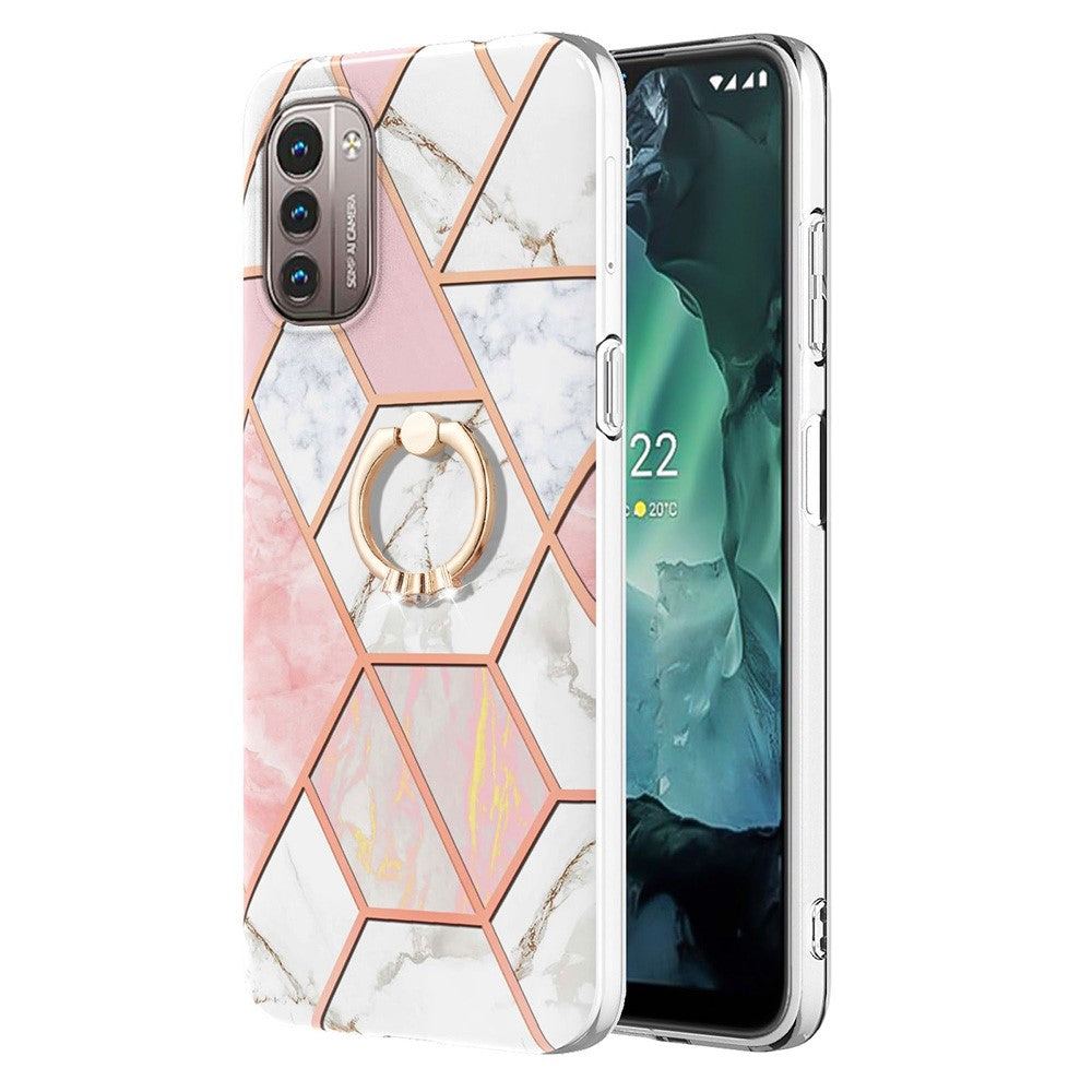 Marble patterned cover with ring holder for Nokia G11 / G21 - Pink / White