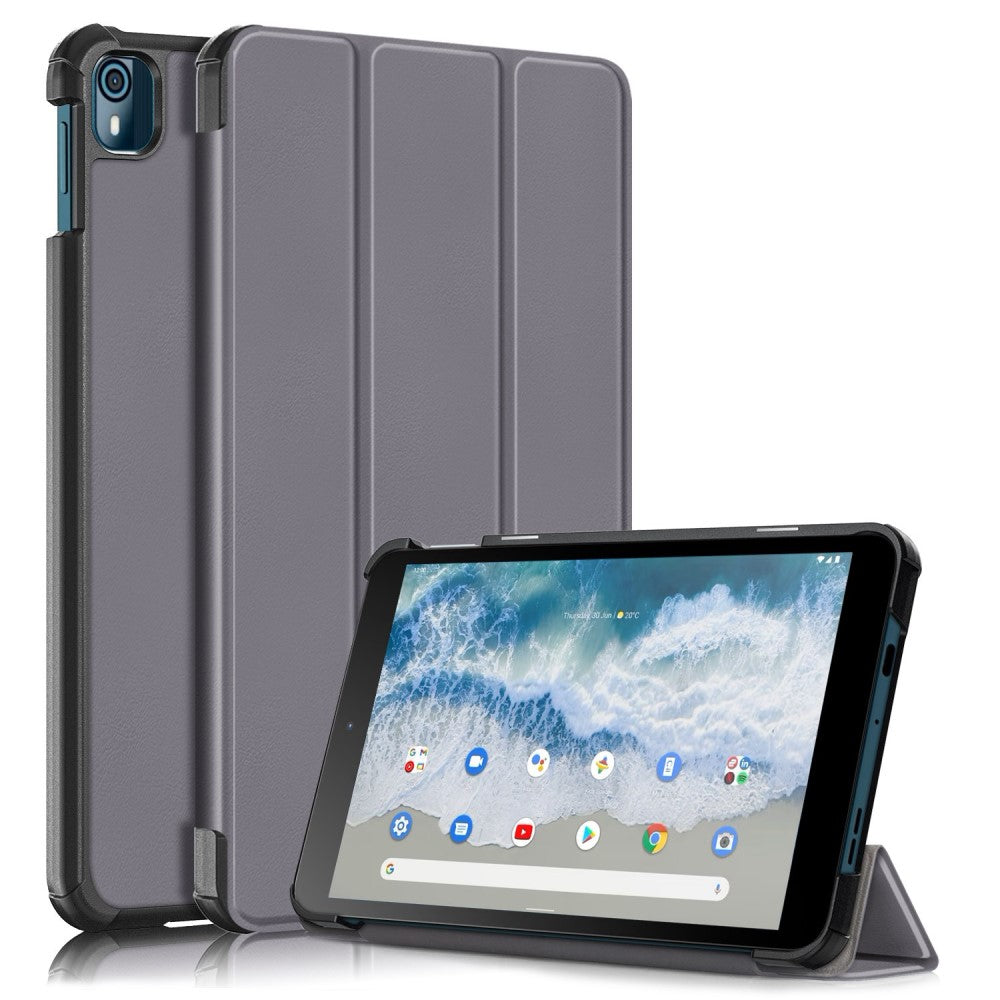 Tri-fold Leather Stand Case for Nokia T10 (2022) - Grey
