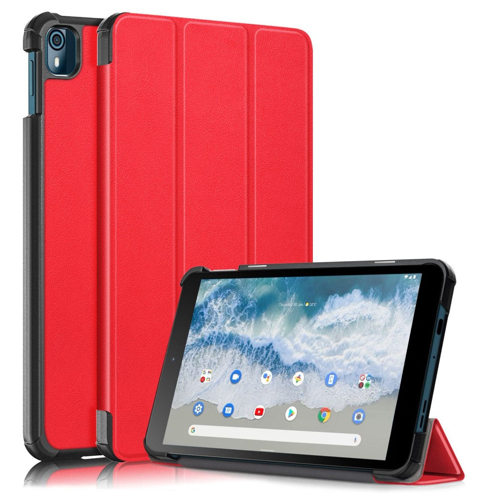 Tri-fold Leather Stand Case for Nokia T10 (2022) - Red