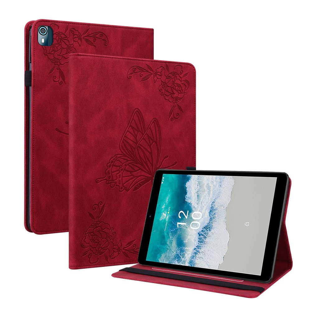 Butterfly flower pattern leather case for Nokia T10 (2022) - Red