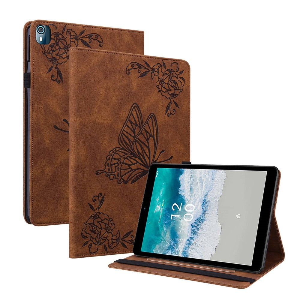 Butterfly flower pattern leather case for Nokia T10 (2022) - Brown