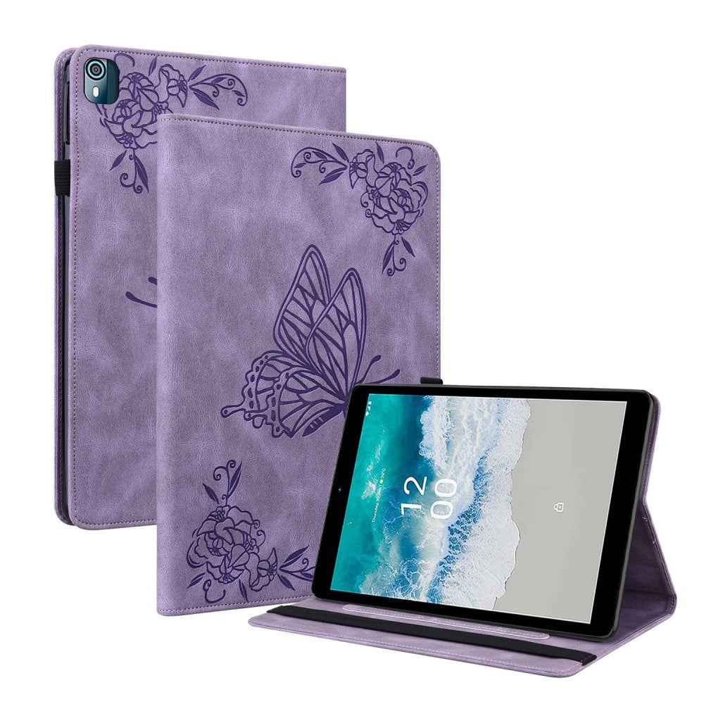 Butterfly flower pattern leather case for Nokia T10 (2022) - Purple